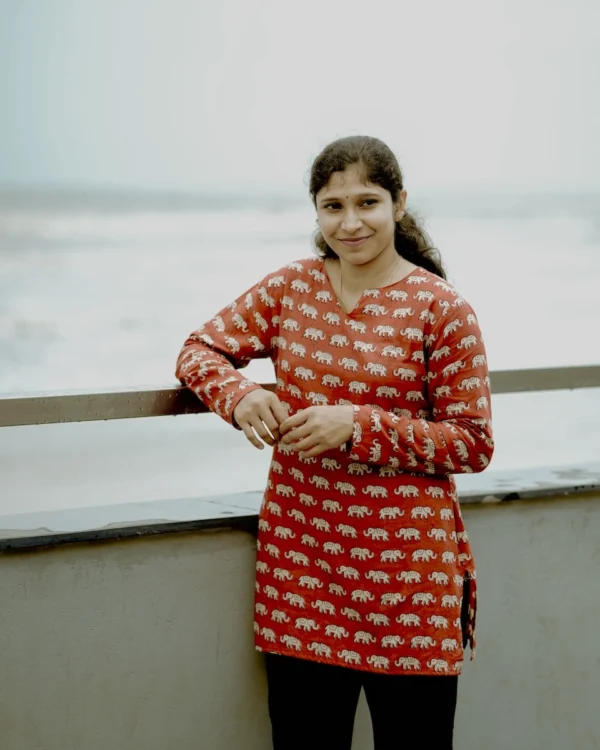 Women's Handblock Printed Cotton Elephant Top – Maroon & Beige | MIRAY - Image 2