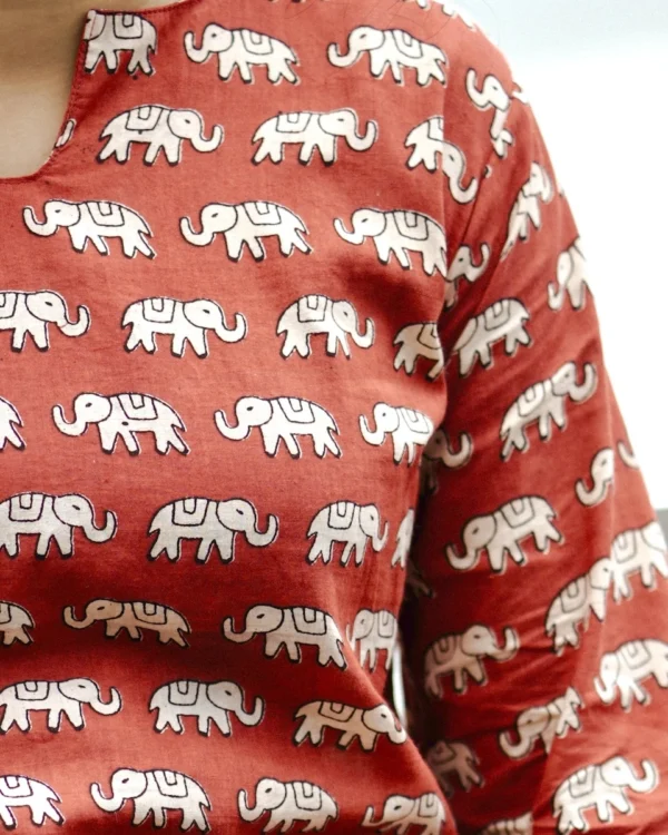Women's Handblock Printed Cotton Elephant Top – Maroon & Beige | MIRAY - Image 5