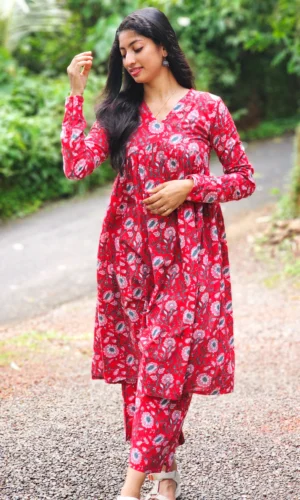MIRAY’s Aliya Cut Co-Ord Set – Red Floral Cotton Kurta & Pant