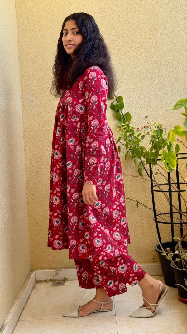 MIRAY’s Aliya Cut Co-Ord Set – Red Floral Cotton Kurta & Pant Set for Effortless Elegance - Image 4