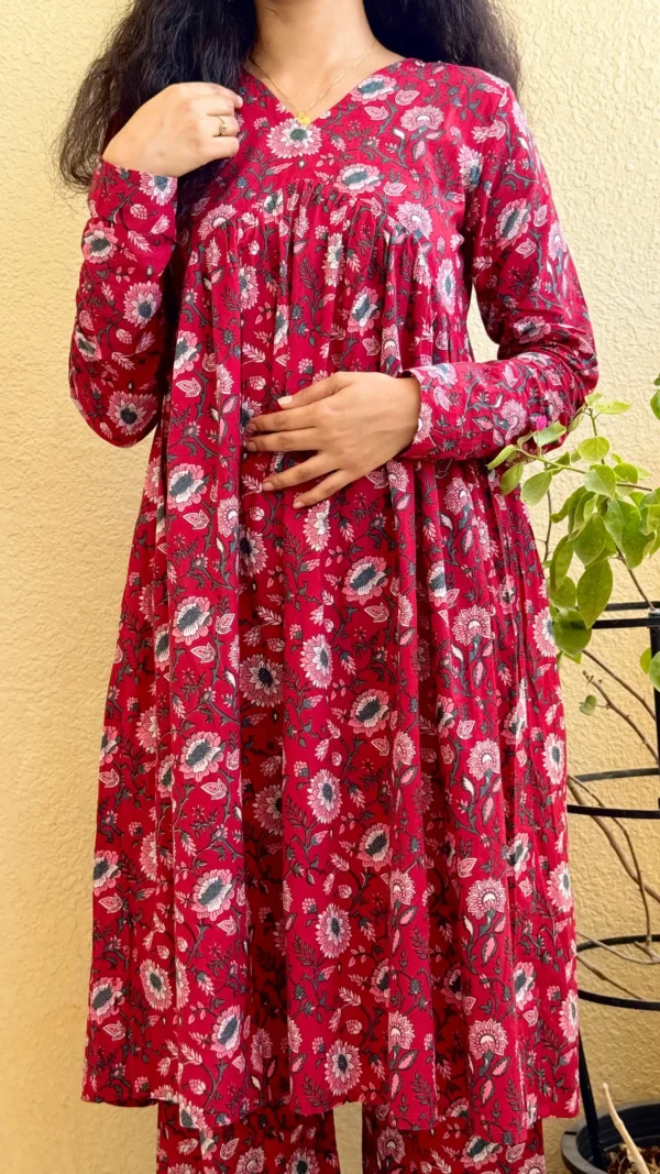 MIRAY’s Aliya Cut Co-Ord Set – Red Floral Cotton Kurta & Pant Set for Effortless Elegance - Image 3