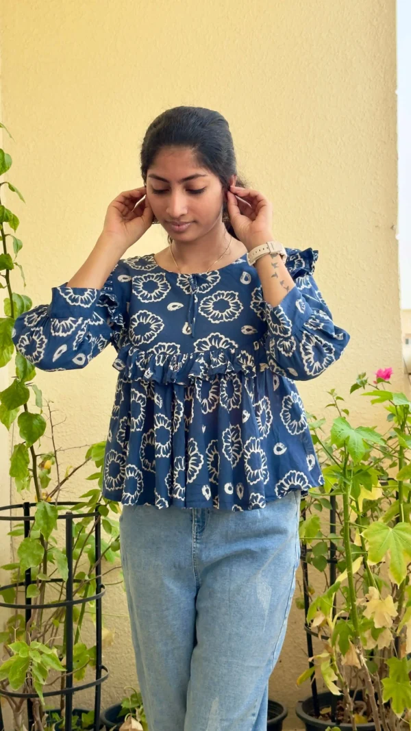 Indigo Bloom Ruffle Cotton Top | MIRAY - Image 5