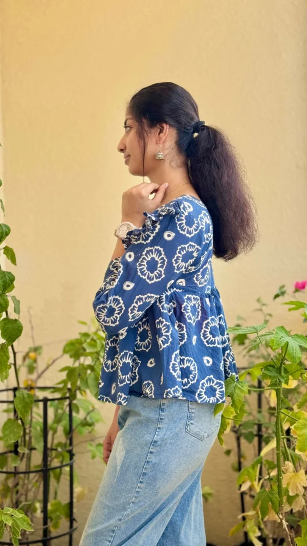 Indigo Bloom Ruffle Cotton Top | MIRAY - Image 3