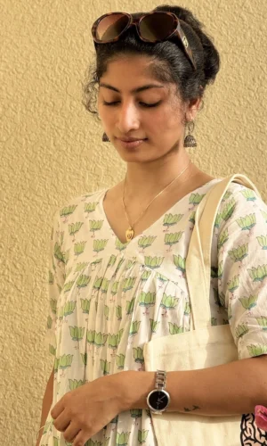 Lotus Flower Block Print Cotton Kurti for Women