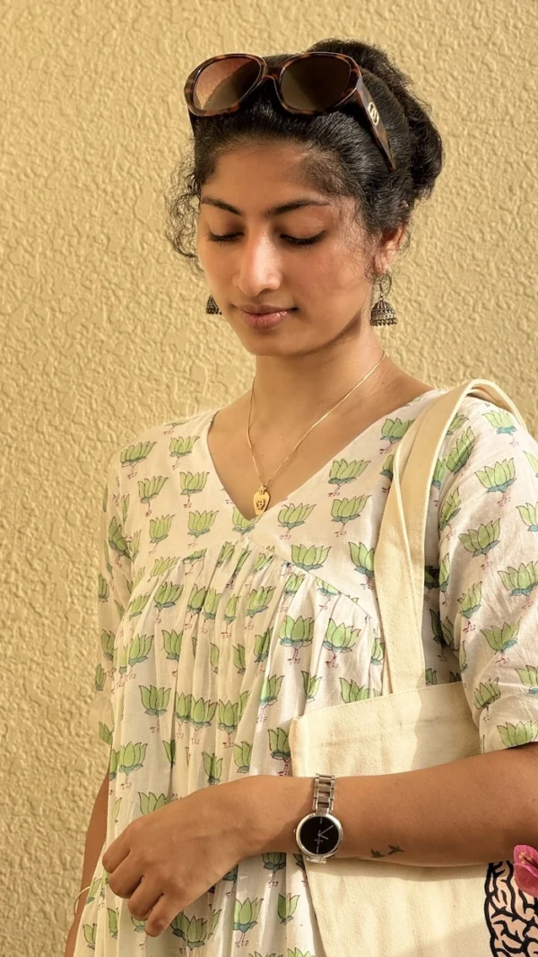 Lotus Flower Block Print Cotton Kurti for Women