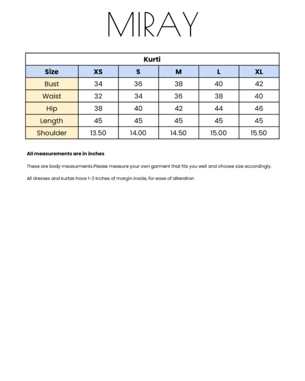 size chart kurti