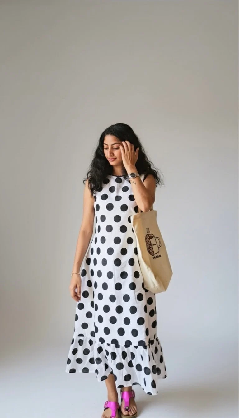 MIRAY Black & White Polka Dot Kurti | Ruffle Hem Sleeveless Dress - Image 2