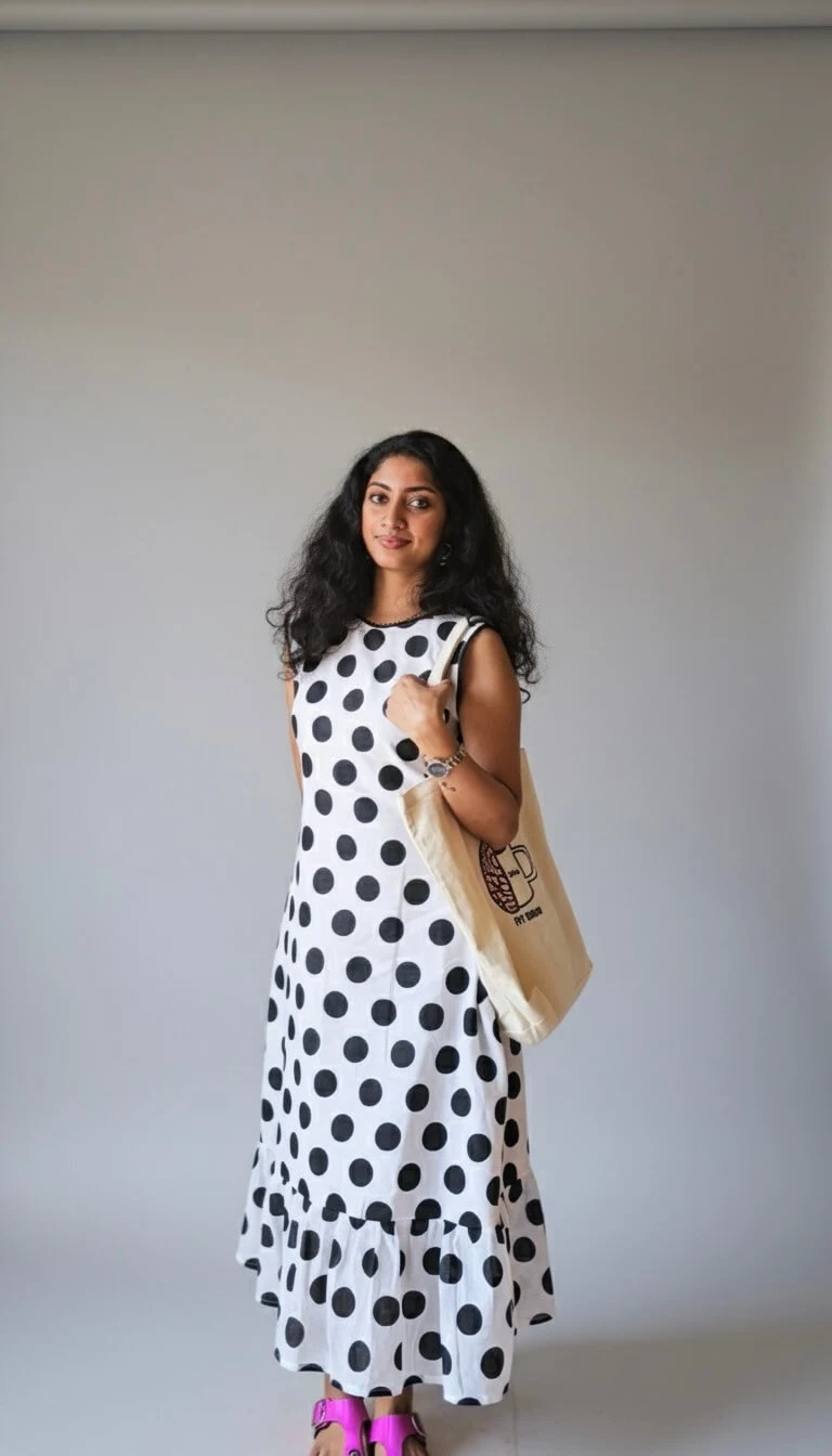 MIRAY Black & White Polka Dot Kurti | Ruffle Hem Sleeveless Dress - Image 4