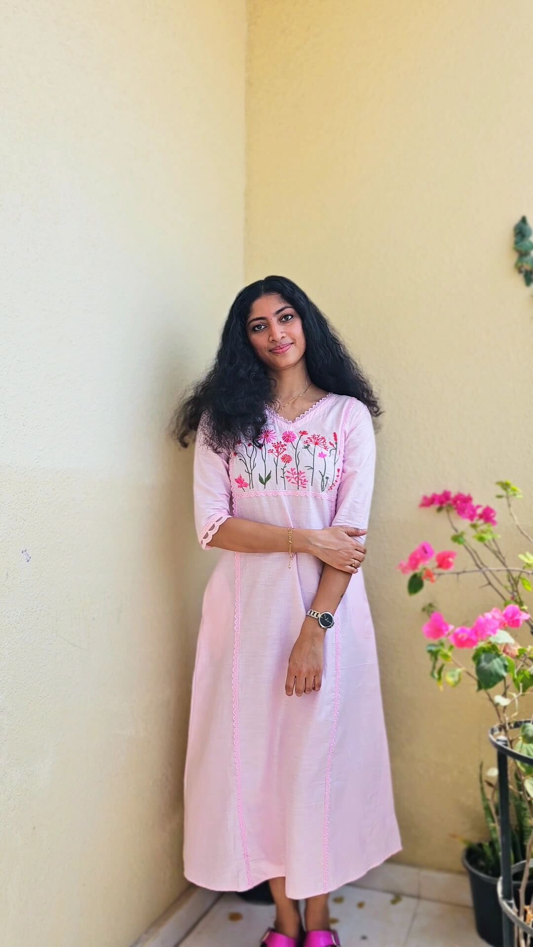 Light Pink Cotton Embroidered Kurti