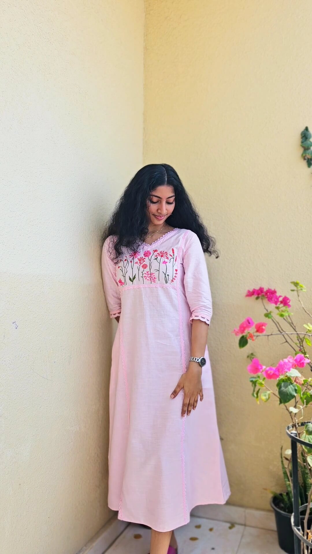 Pre-Order Light Pink Cotton Embroidered Kurti – MIRAY - Image 3