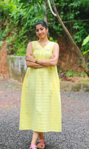 Yellow Checkered Cotton Mix Kurti
