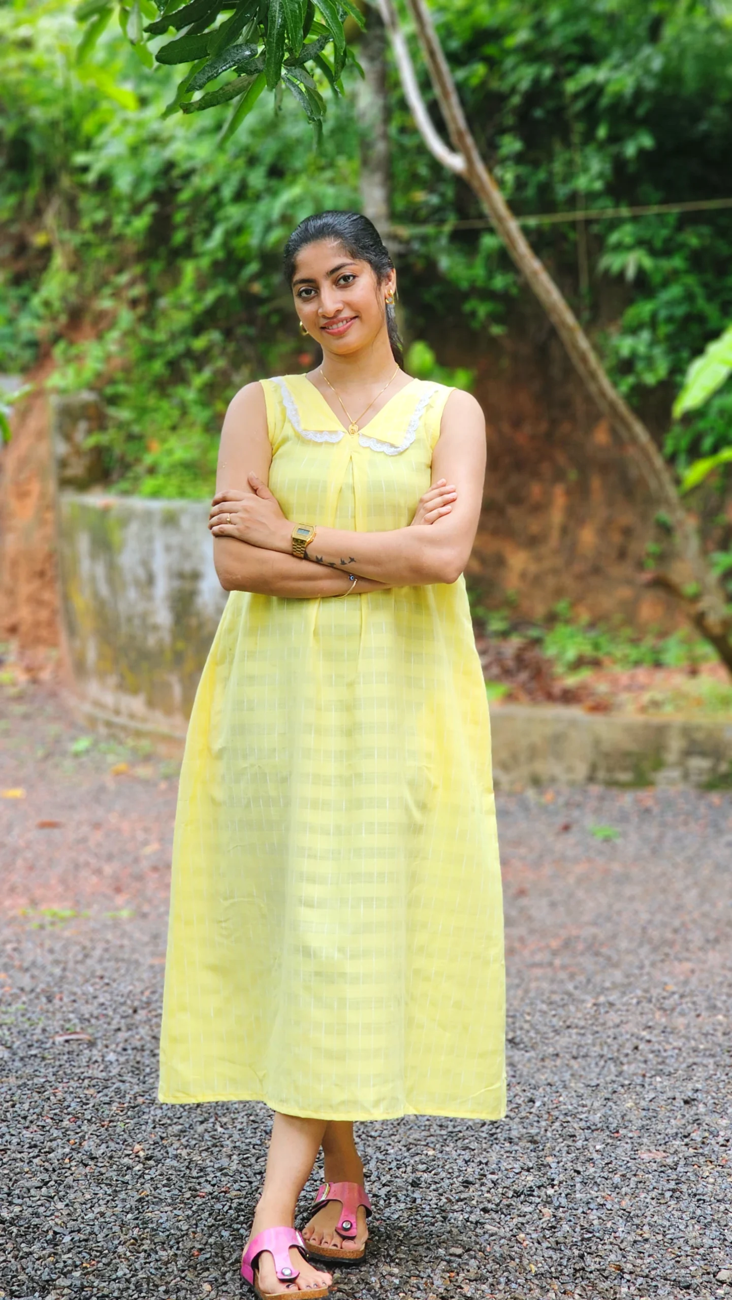 Yellow Checkered Cotton Mix Kurti