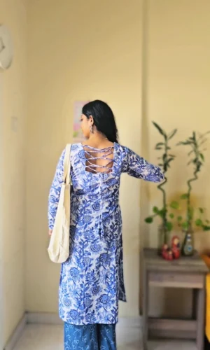 Blue Floral Cotton Block Print Kurti