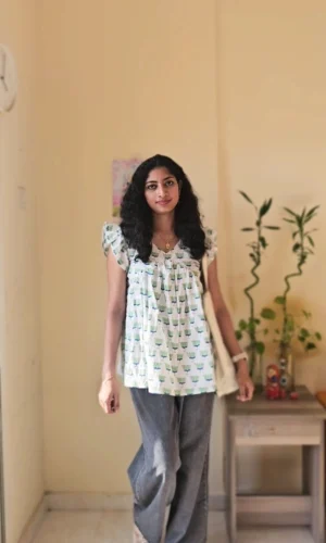 Cotton Lotus Print Short Top for Women