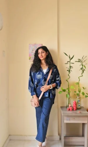 Indigo Handblock Printed Cotton Oversized Shirt for Women – Casual Layering Top