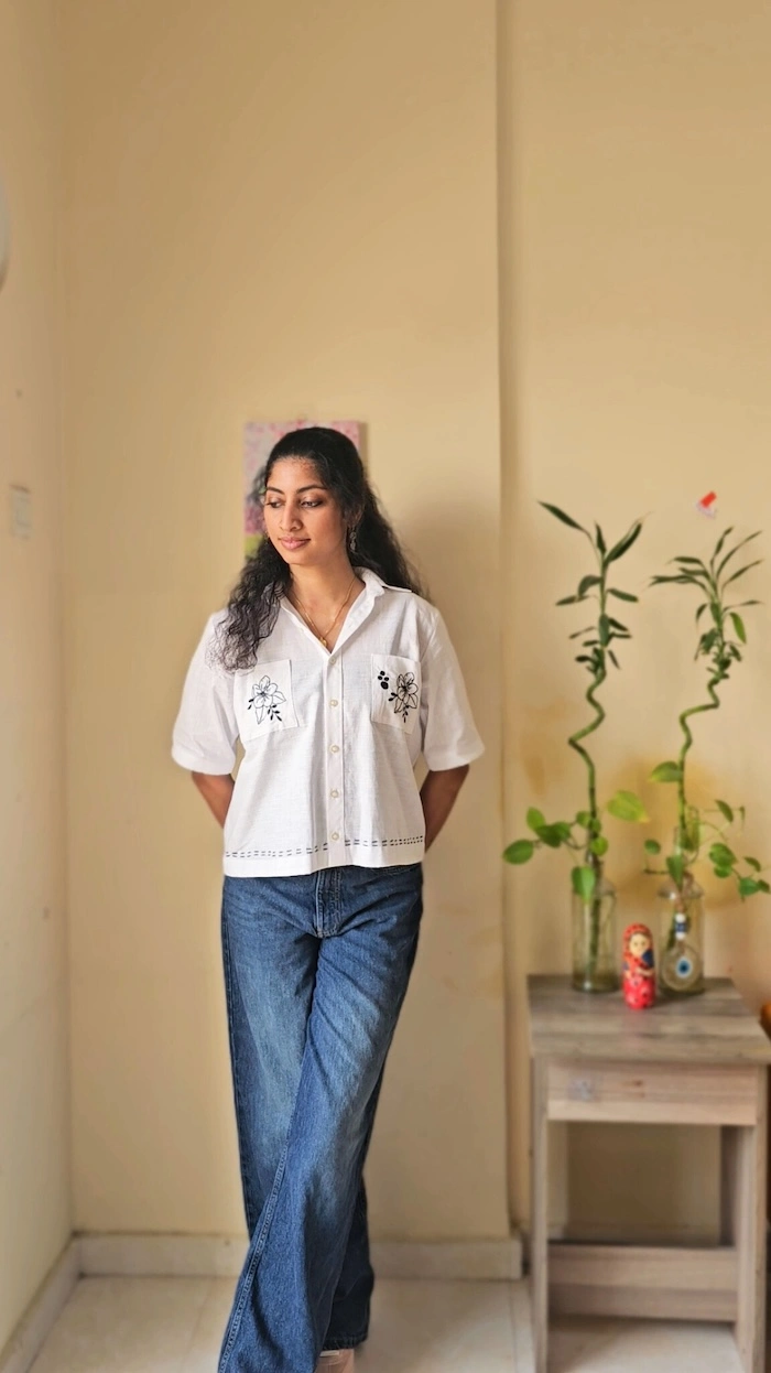 White Cotton Embroidered Crop Shirt – Effortless Everyday Elegance | MIRAY - Image 2