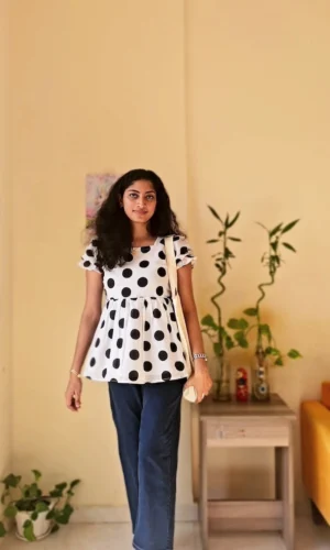 Pre Order Women’s Black & White Polka Dot Cotton Short Top – Casual & Stylish Daily Wear | MIRAY