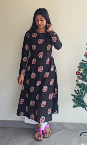 Black Cotton Block Print Kurti with Mirror Work for Women | Floral Long Kurti – MIRAY