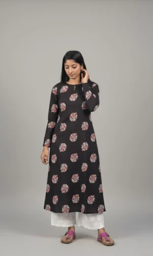Black Cotton Block Print Kurti with Mirror Work for Women | Floral Long Kurti – MIRAY
