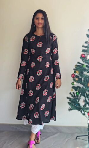 Black Cotton Block Print Kurti with Mirror Work for Women