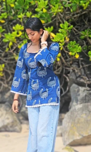 Indigo Cotton Block Print Short Top with Lace Detailing for Women | Handcrafted Ethnic Top – MIRAY