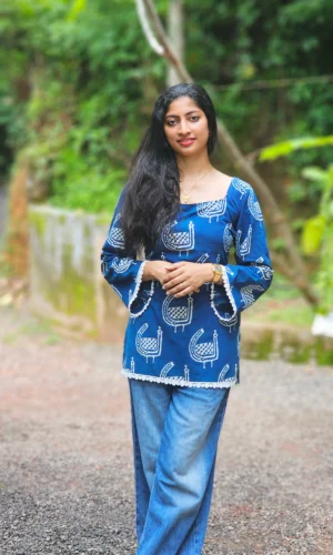 Indigo Cotton Block Print Short Top with Lace Detailing