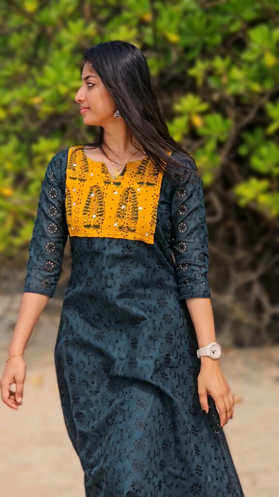 Teal Hacoba Cotton Kurti with Mustard Yoke Detailing