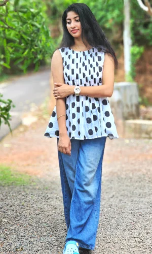 Women’s Black & White Polka Dot Sleeveless Peplum Top