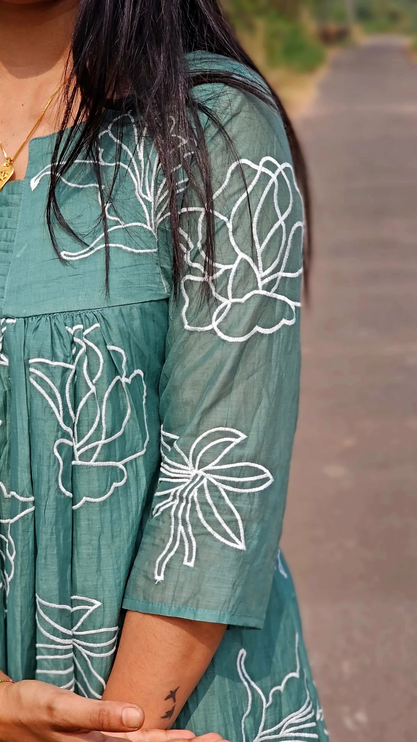 Sea Green Mul Chanderi Floral Embroidery Kurti – Soft, Elegant & Breathable - Image 5