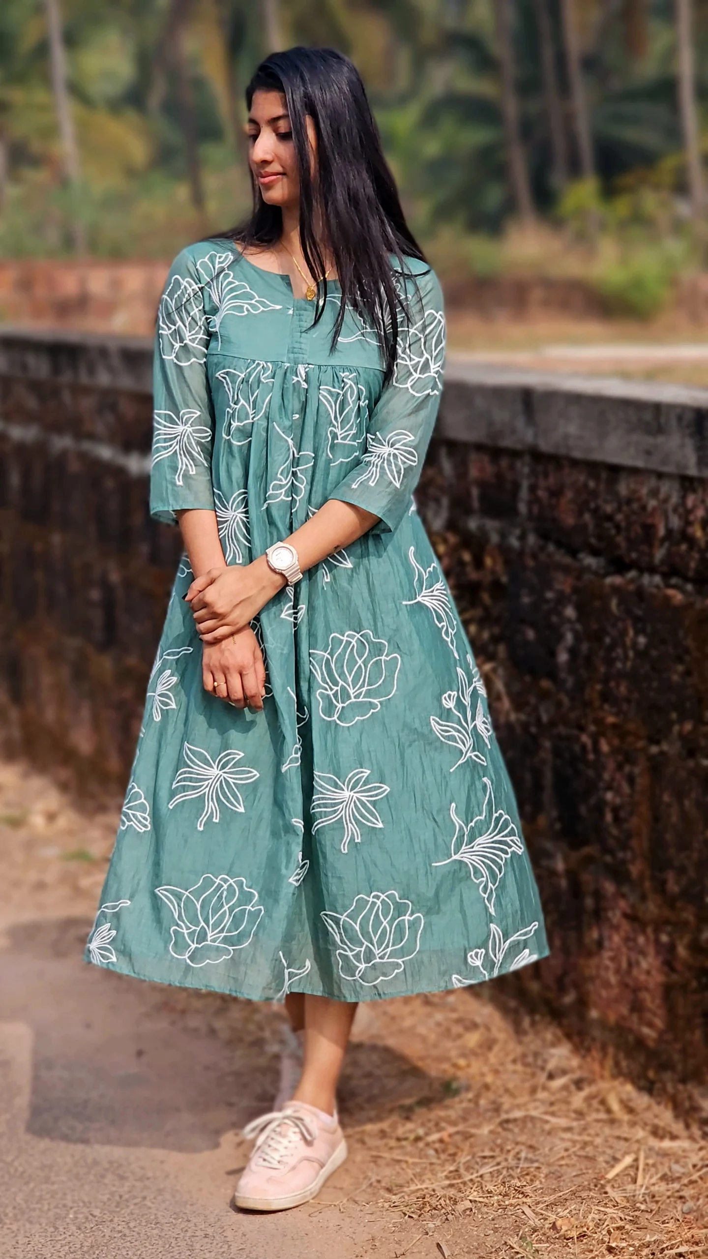 Sea Green Mul Chanderi Floral Embroidery Kurti – Soft, Elegant & Breathable - Image 2