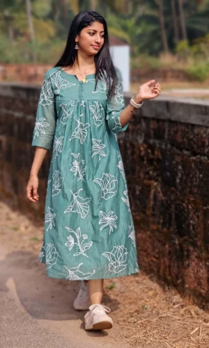 Sea Green Mul Chanderi Floral Printed Kurti