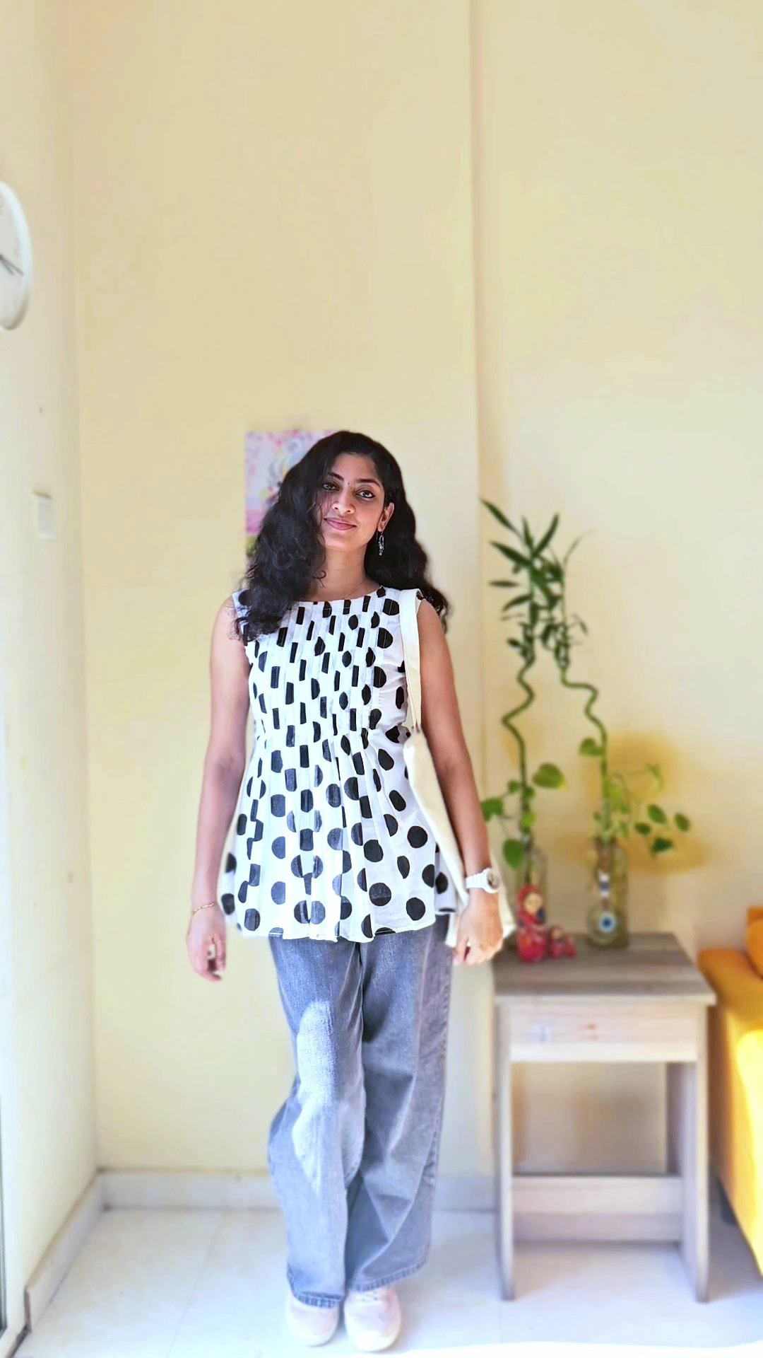 Women’s Black & White Polka Dot Sleeveless Peplum Top