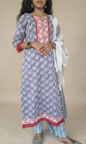 Blue Floral Hand Block Printed Cotton Suit Set with Striped Pants
