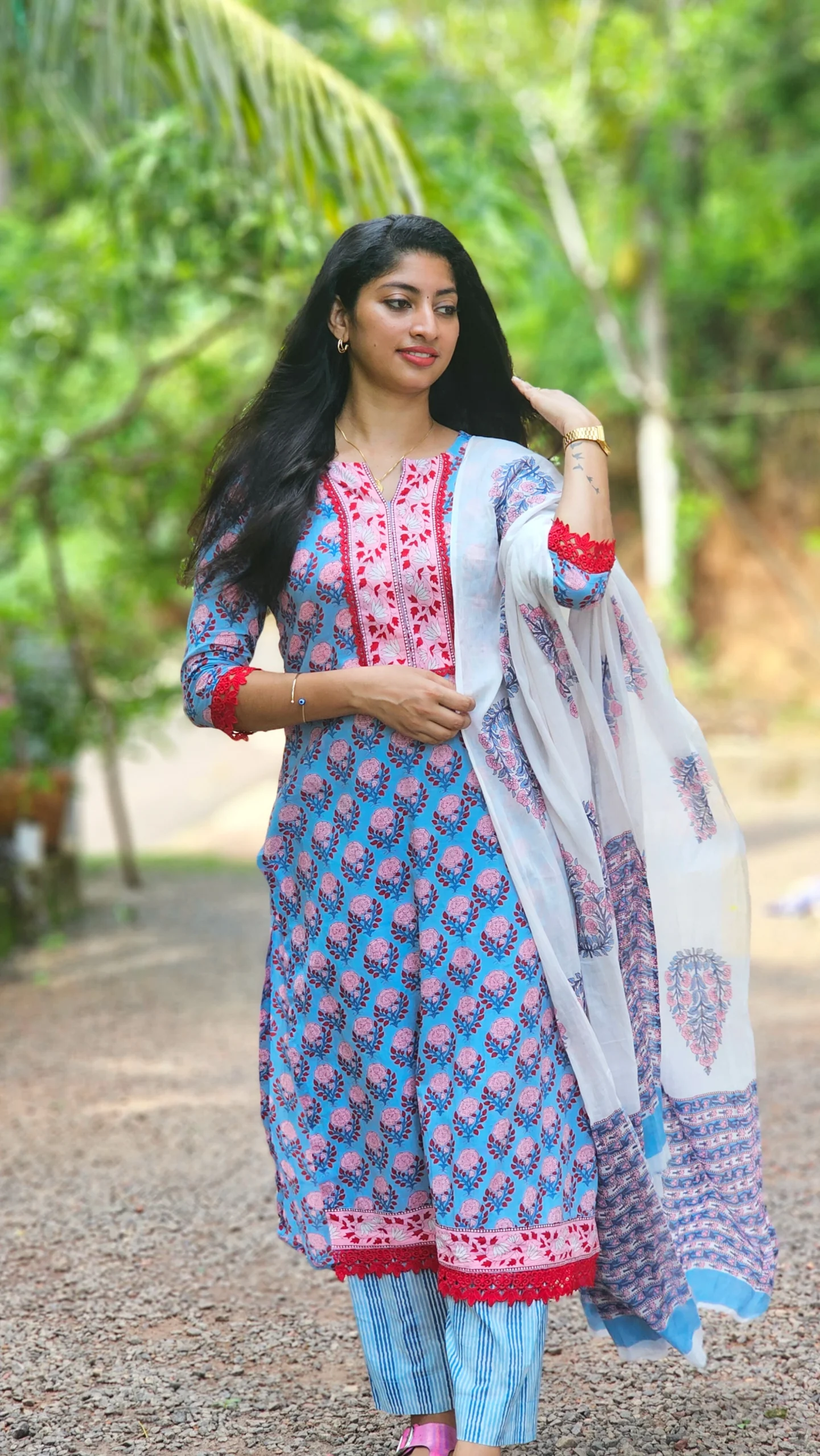 Blue Floral Hand Block Printed Cotton Suit Set with Striped Pants - Image 5