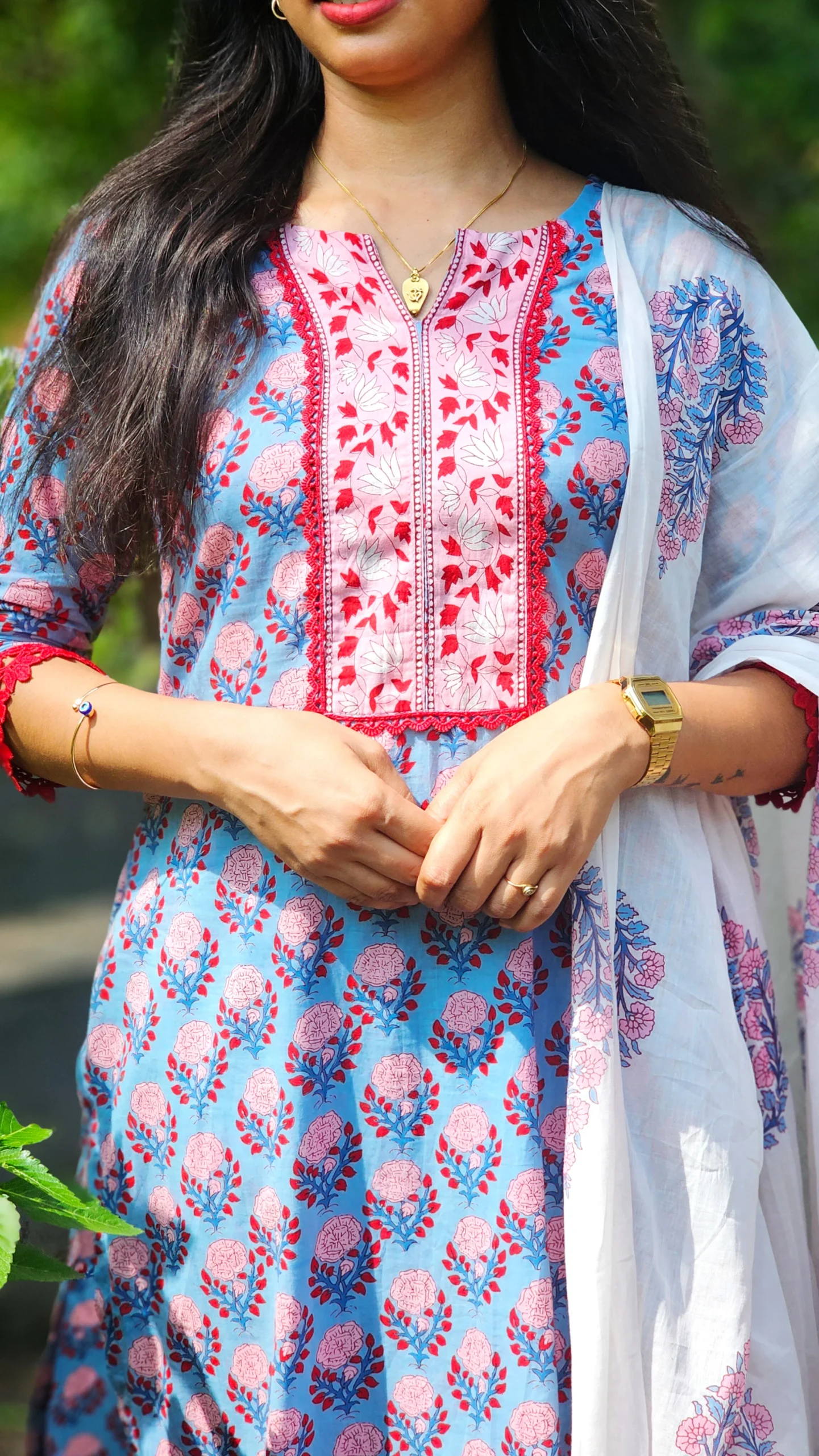 Blue Floral Hand Block Printed Cotton Suit Set with Striped Pants - Image 3