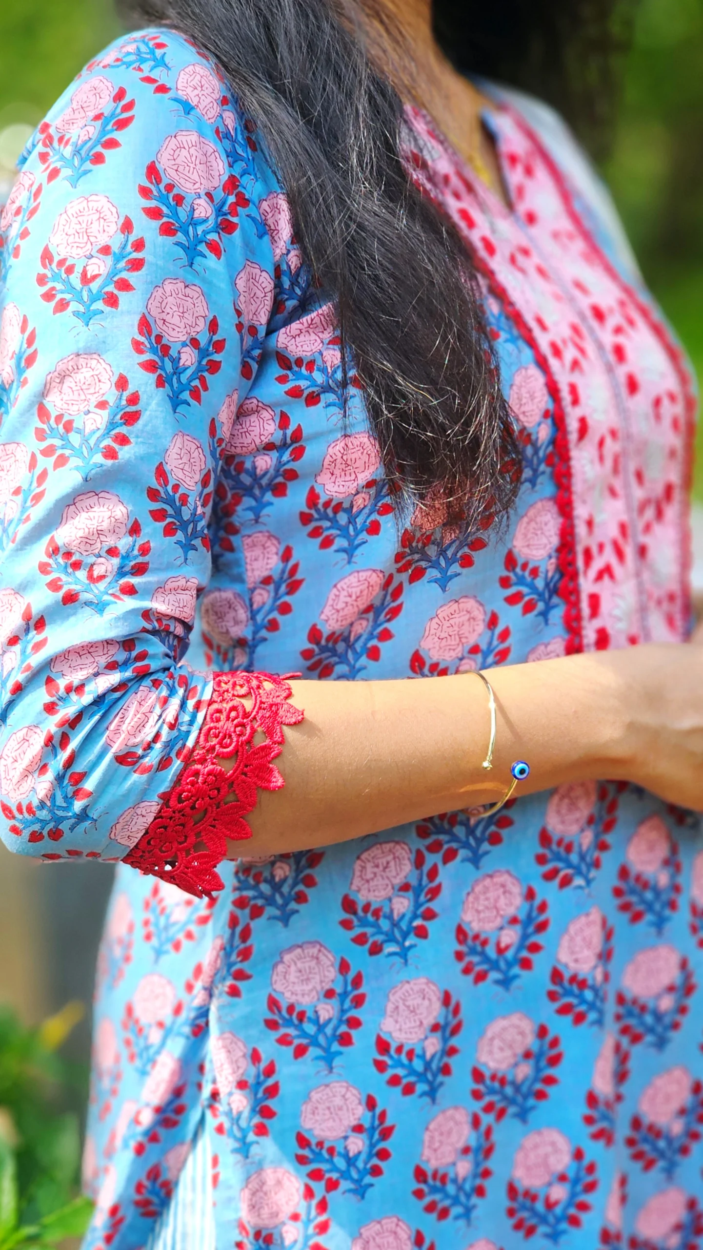 Blue Floral Hand Block Printed Cotton Suit Set with Striped Pants - Image 4