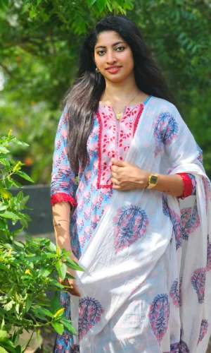 Blue Floral Hand Block Printed Cotton Suit Set with Striped Pants