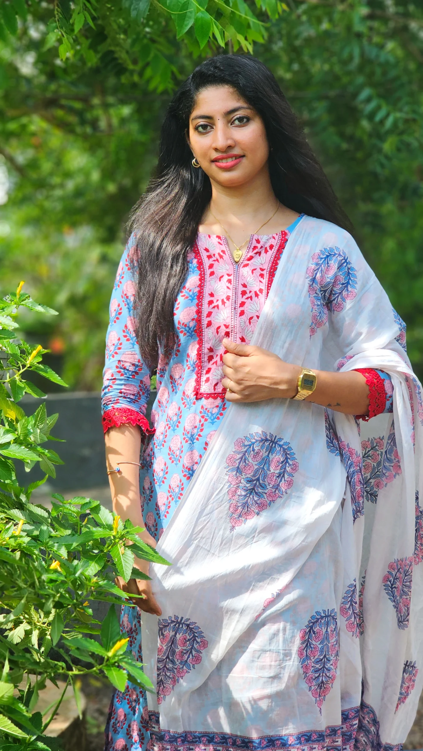 Blue Floral Hand Block Printed Cotton Suit Set with Striped Pants