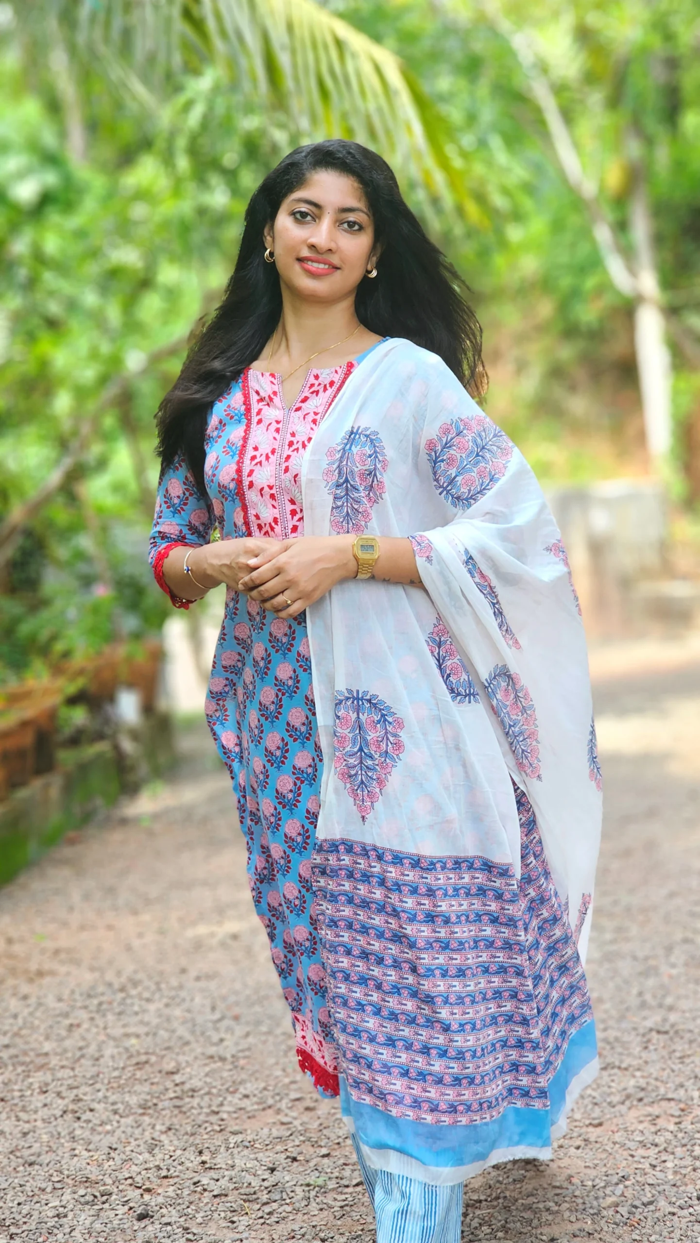 Blue Floral Hand Block Printed Cotton Suit Set with Striped Pants - Image 6