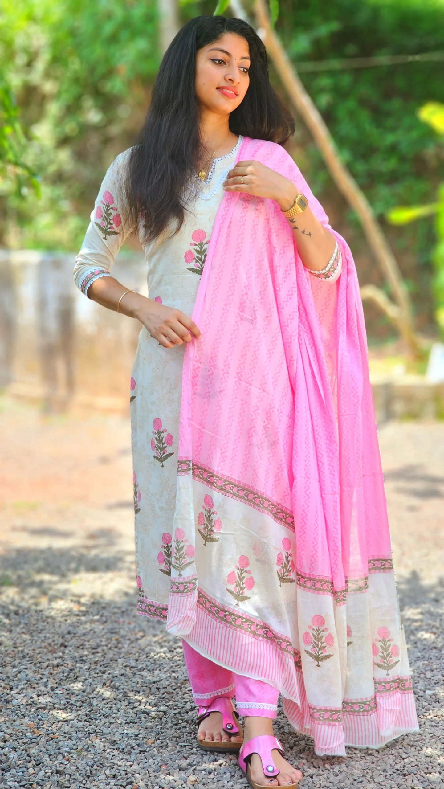 Blush Bloom Cotton Hand Block Print Suit Set with Dupatta - Image 5