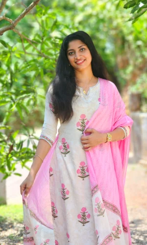 Blush Bloom Cotton Hand Block Print Suit Set with Dupatta