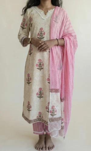 Blush Bloom Cotton Hand Block Print Suit Set with Dupatta