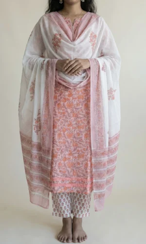 Peach Floral Hand-Block Print Pure Cotton Suit Set with Dupatta