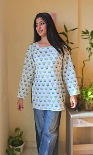 Lotus Bloom Cotton Block Print Short Top with Lace Details