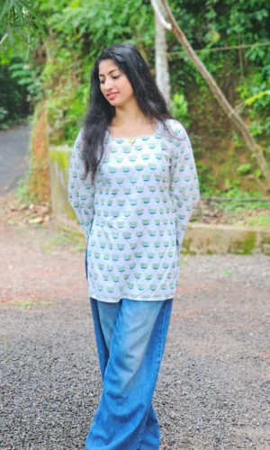 Lotus Bloom Cotton Block Print Short Top with Lace Details