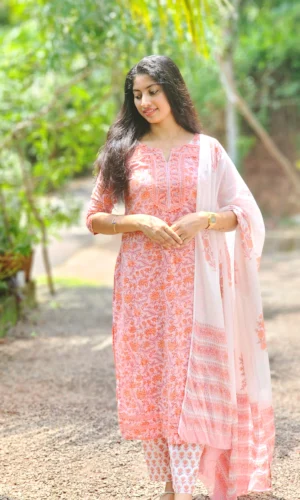 Peach Floral Hand-Block Print Pure Cotton Suit Set with Dupatta