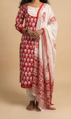 Red & White Floral Hand Block Print Cotton Suit Set with Dupatta