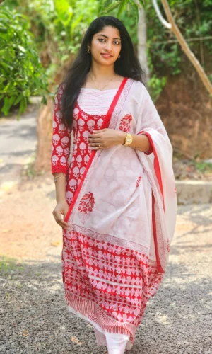 Red & White Floral Hand Block Print Cotton Suit Set with Dupatta