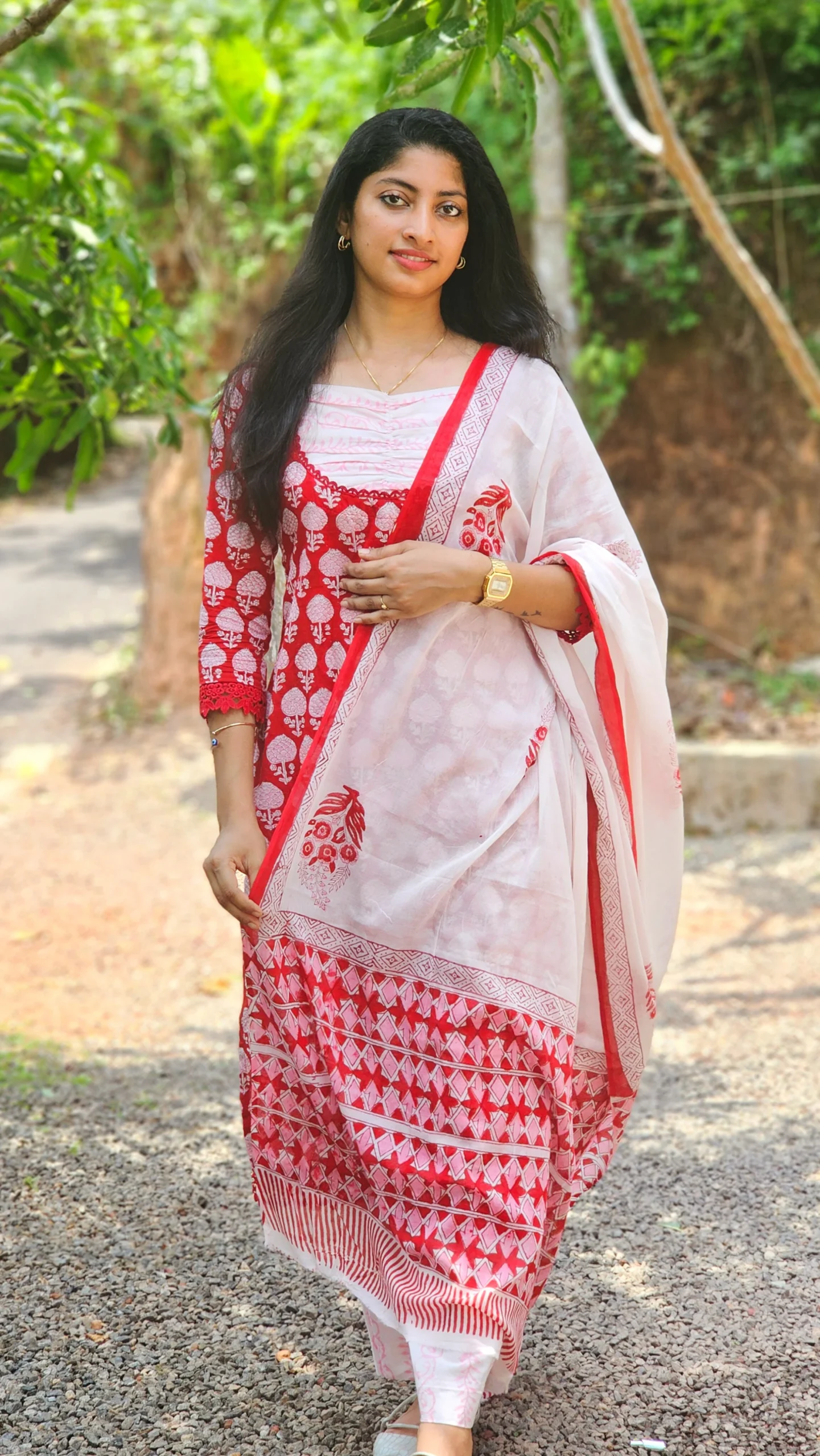 Red & White Floral Hand Block Print Cotton Suit Set with Dupatta
