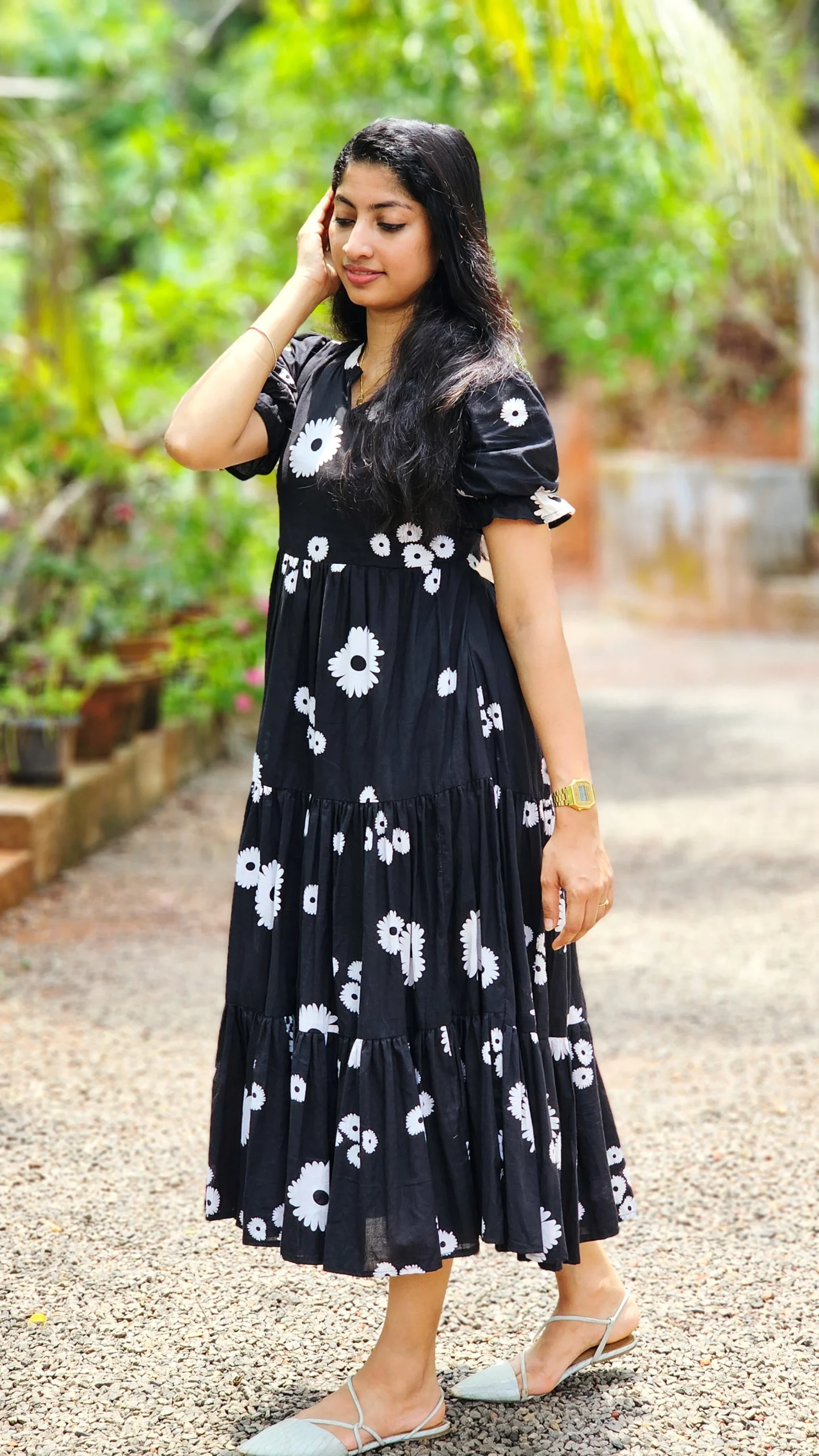Black Floral Tiered Cotton Dress with Lining - Image 3